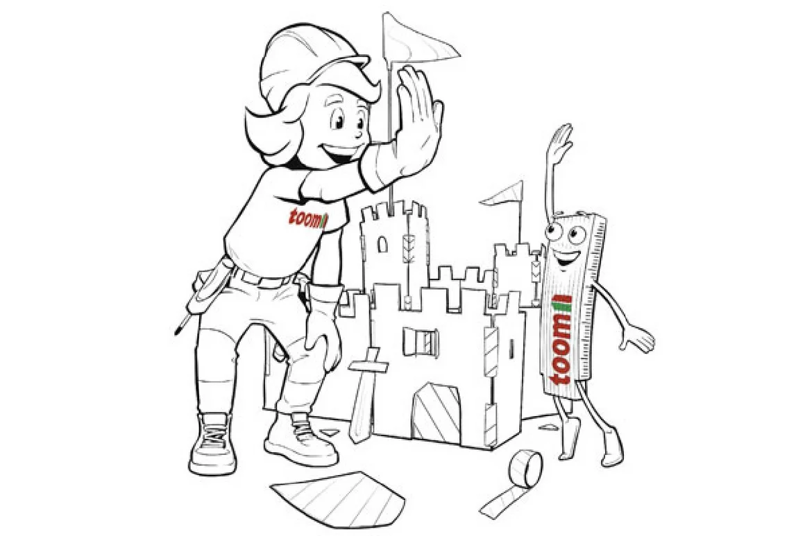 Tom und Zolli Malvorlage: Person und Zollstock bauen eine Burg aus Pappe.