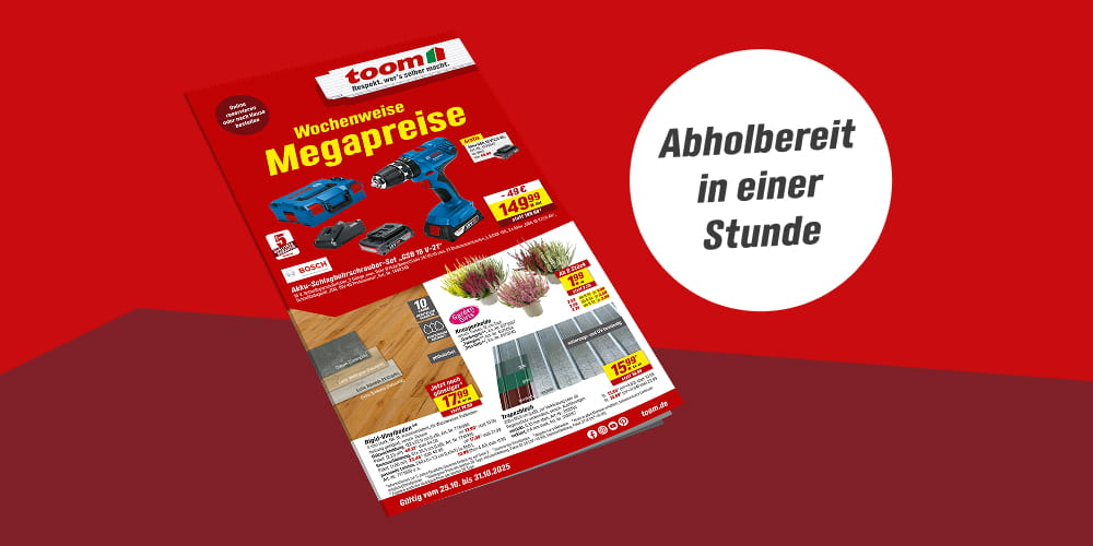 Ein Prospekt eines Baumarktes mit Angeboten auf rotem Hintergrund.