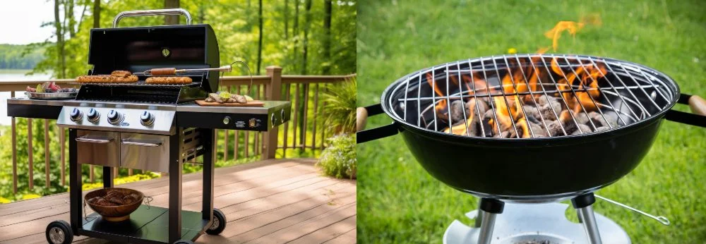 Zwei Grills: Ein Gasgrill und ein Holzkohlegrill.