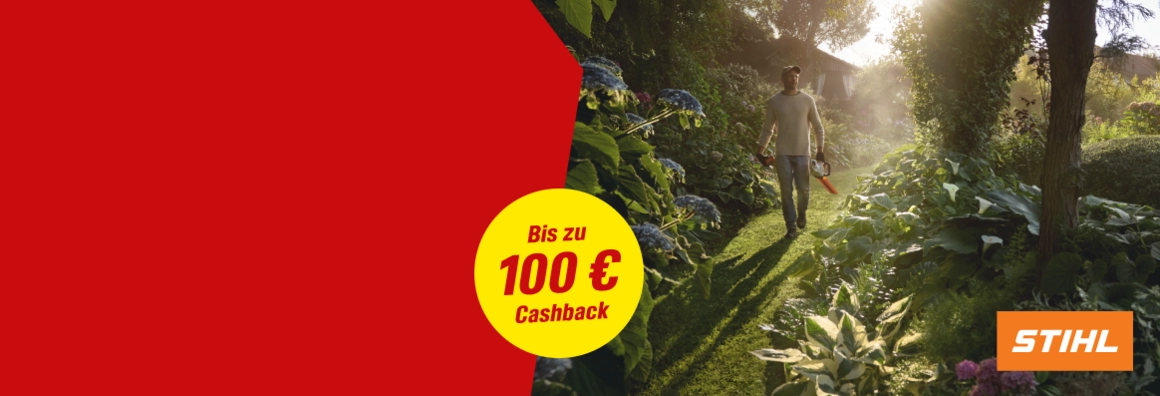 Bis zu 100 € Cashback. Person mit Heckenschere und Laubbläser in einem sonnendurchfluteten, grünen Garten.