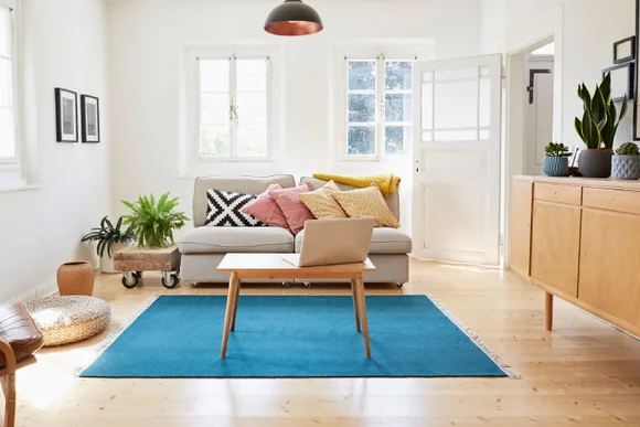 Wohnzimmer mit hellem Holzboden und blauem Teppich