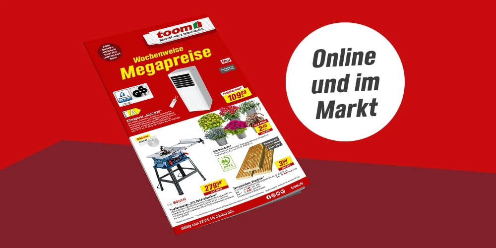 Online und im Markt. Ein Werbeprospekt mit Angeboten wie einem Gasgrill, Pflanzen und Baumaterialien.
