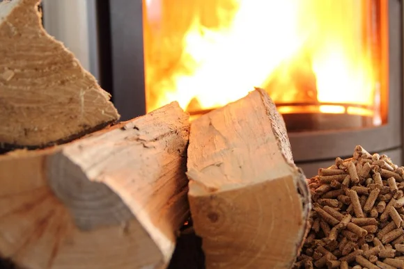 Holzscheite und Holzpellets vor brennendem Kamin