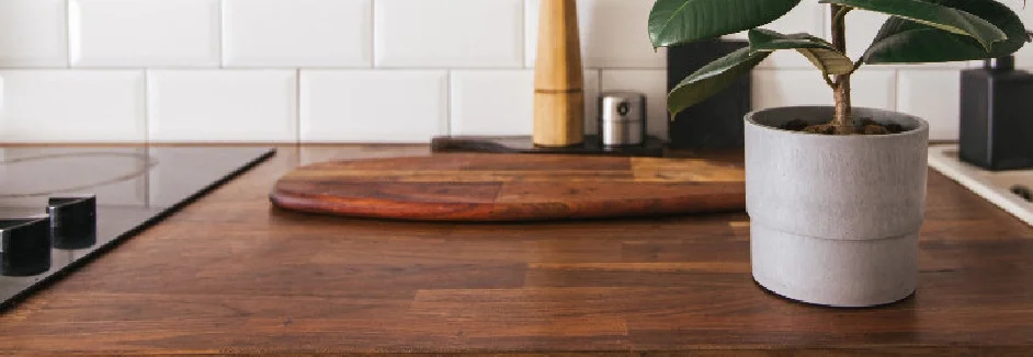 Holzarbeitsplatte mit Pflanze