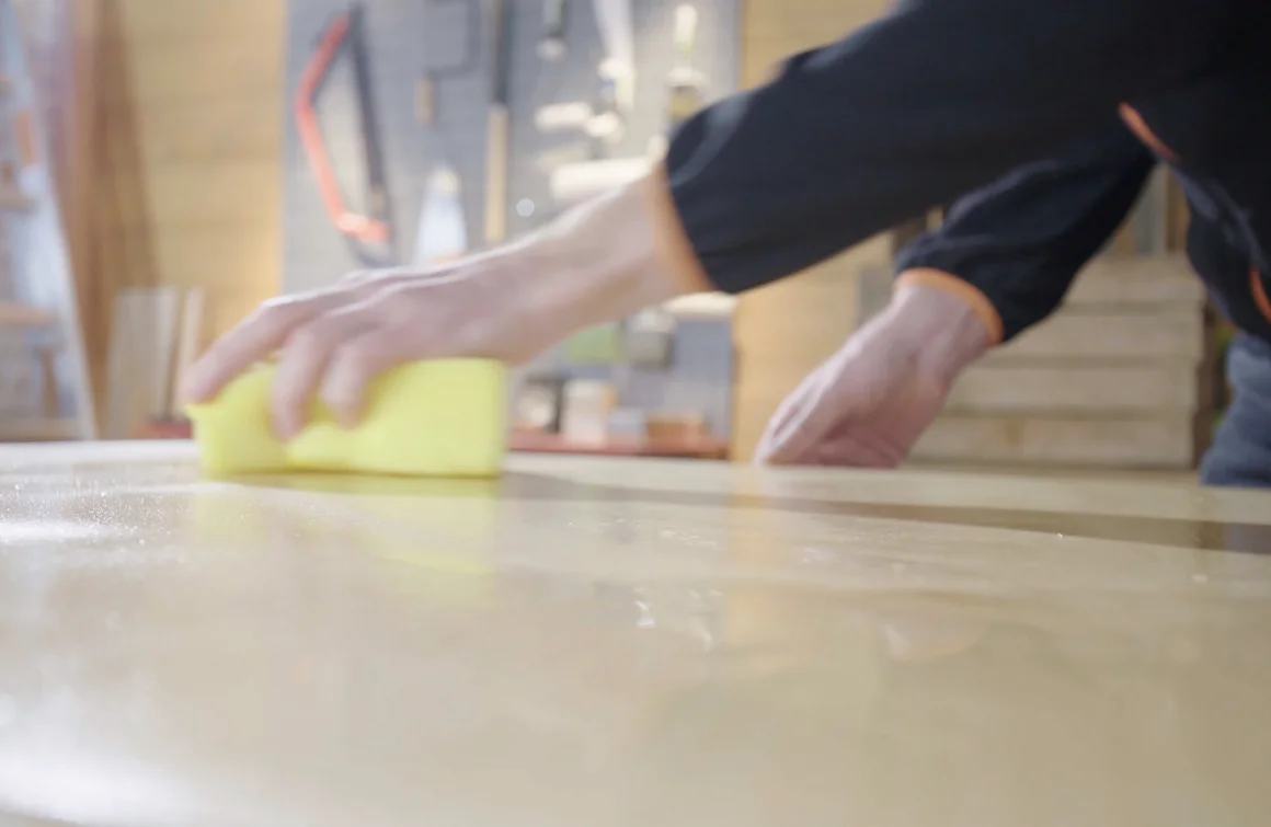 Person reinigt Oberfläche mit Schwamm