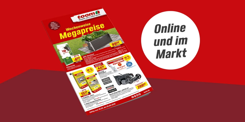 Online und im Markt. Werbebanner mit dem Titelbild des aktuellen Baumarkt-Prospekts.