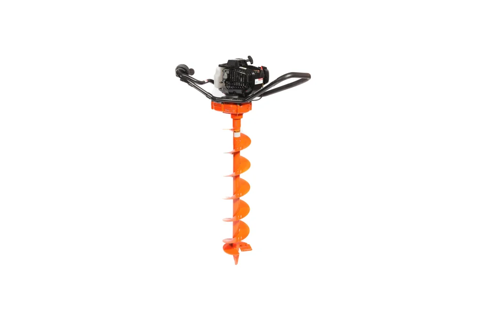 Eine orangefarbene, benzinbetriebene Erdbohrmaschine.