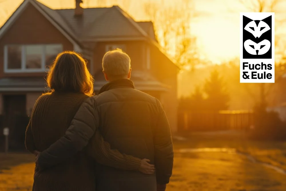 Zwei Personen vor ihrem Haus im Sonnenuntergang.