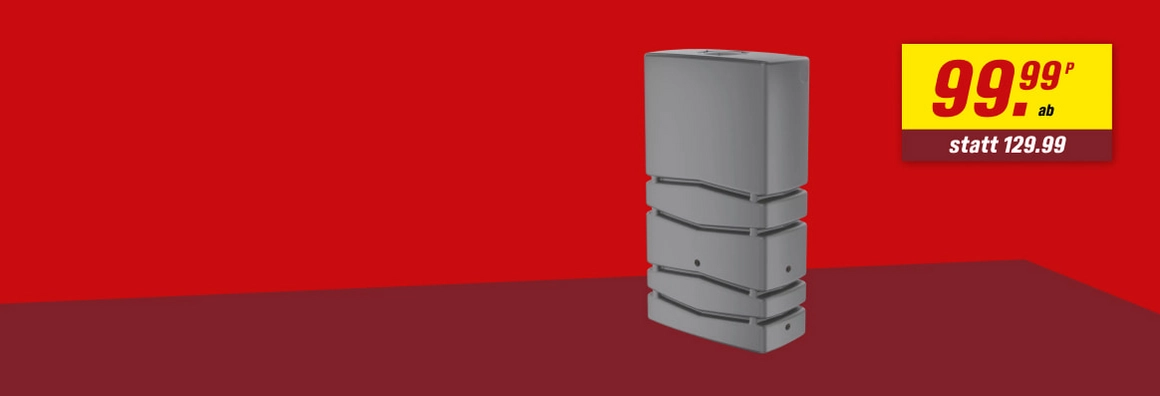 Ein grauer, moderner Wandtank steht vor einem roten Hintergrund im Angebot.