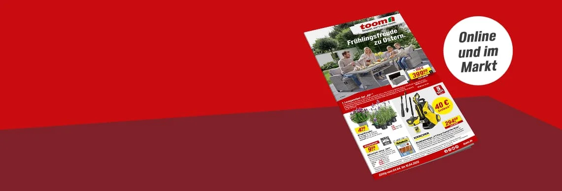 Ein Werbebanner zeigt einen Prospekt mit Frühlingsangeboten für den Garten.