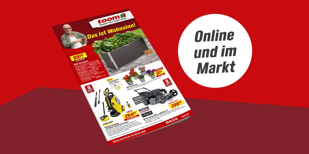Online und im Markt. Ein Baumarkt-Prospekt mit Angeboten auf rotem Hintergrund.