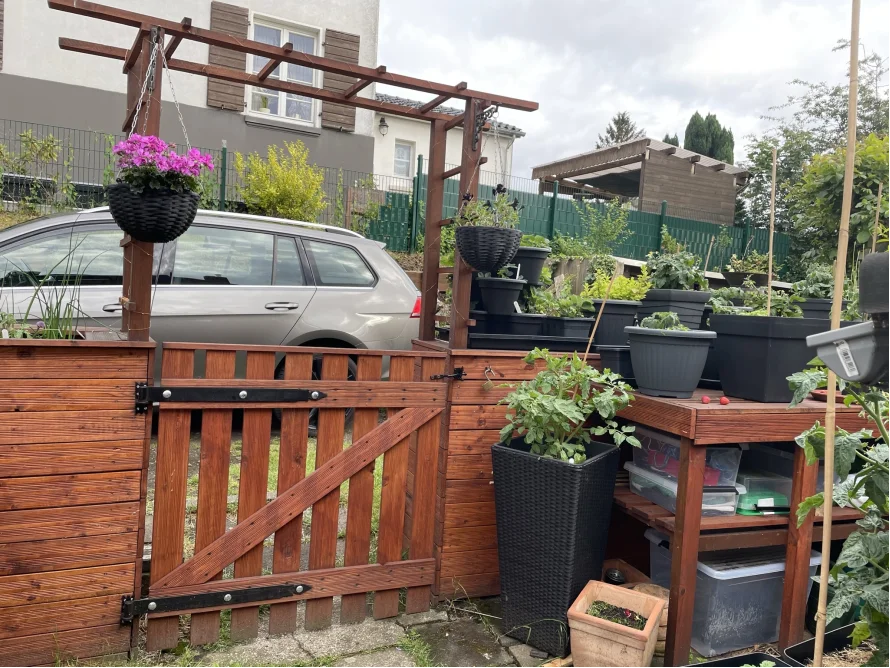 Garten mit Hochbeeten und Rankhilfe