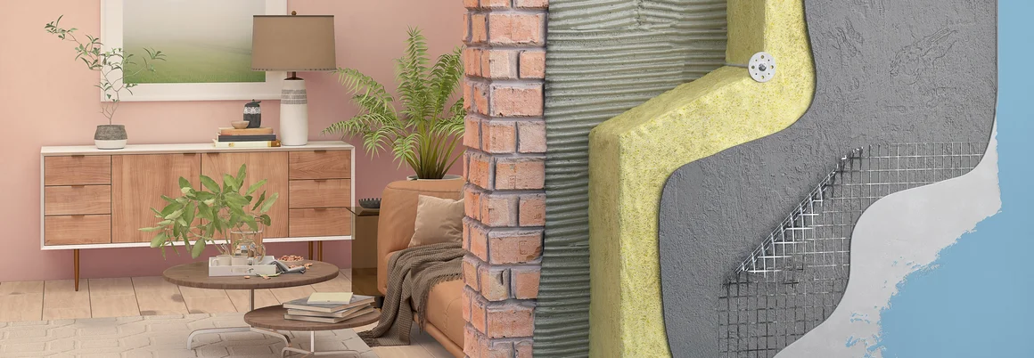 Dämmung an Hauswand im Querschnitt