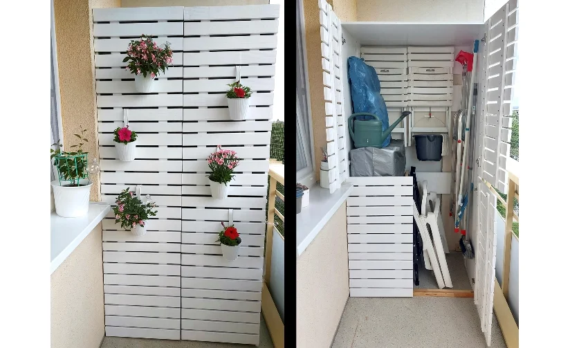 Ein Balkonschrank als Sichtschutz, im geschlossenen und geöffneten Zustand.