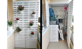Ein Balkonschrank als Sichtschutz, im geschlossenen und geöffneten Zustand.