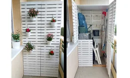 Ein Balkonschrank als Sichtschutz, im geschlossenen und geöffneten Zustand.