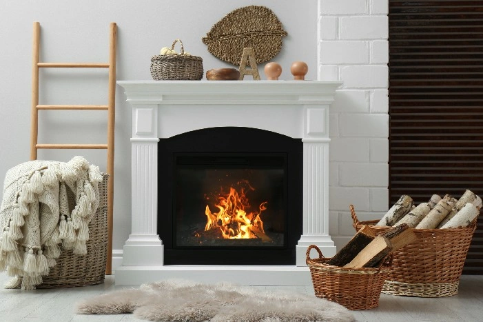Kamin mit Feuer und Brennholz