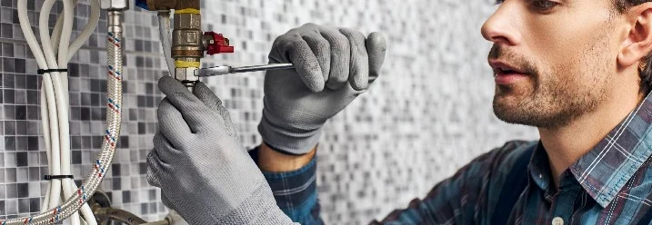 Person repariert Rohr mit Schraubenschlüssel