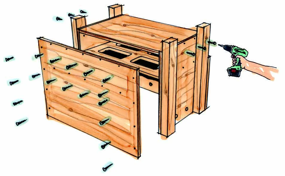 Person baut Komposter aus Holz zusammen. 
