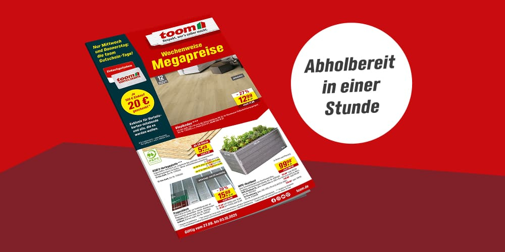 Ein Werbeprospekt auf rotem Hintergrund mit dem Hinweis 'Abholbereit in einer Stunde'.