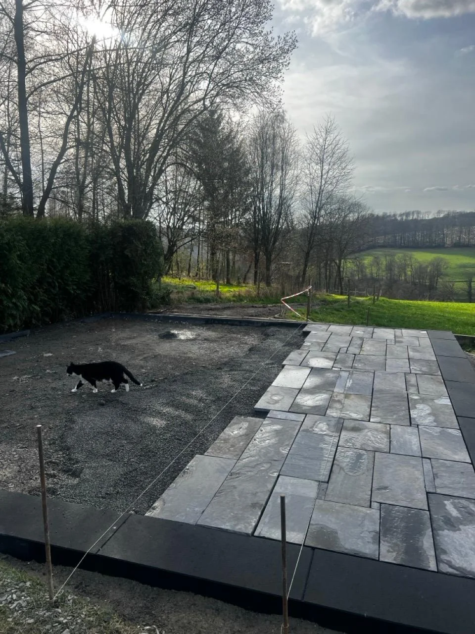 Eine schwarz-weiße Katze läuft über eine im Bau befindliche Terrasse.