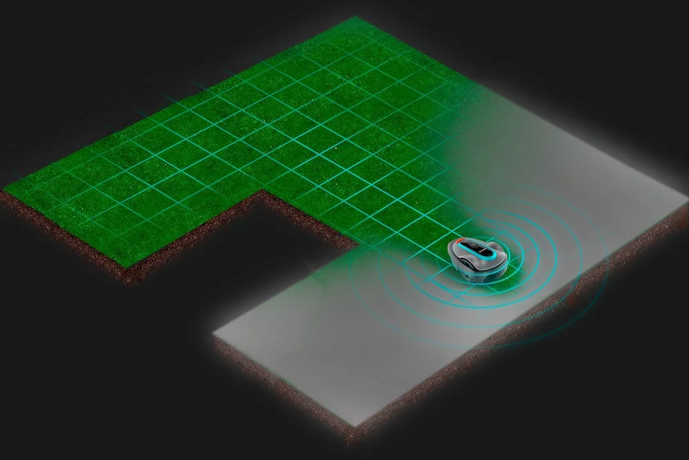Mähroboter auf Rasenfläche mit virtuellen Linien