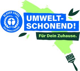 Logo des Blauen Engel und Text "Umweltschonend für dein Zuhause"