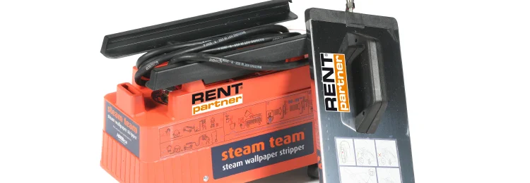 Ein orangefarbener Dampf-Tapetenablöser