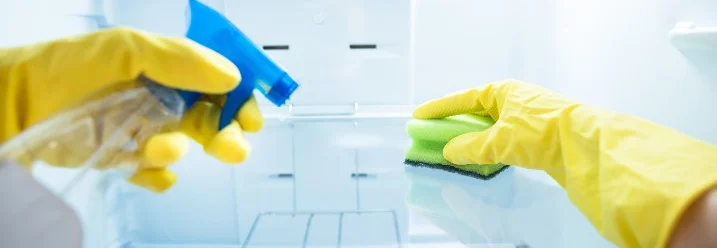 Kühlschrankreinigung mit Schwamm und Sprühflasche