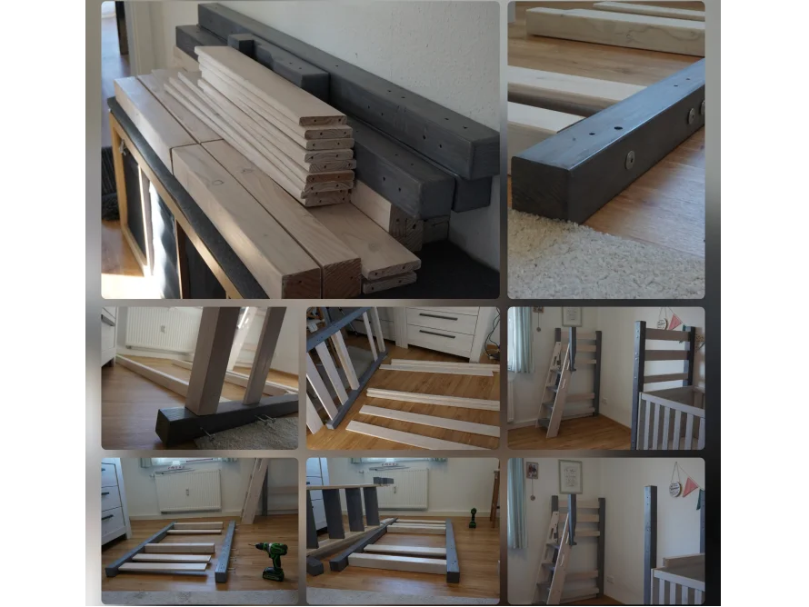 Bettgestell aus Holz wird gebaut, Akkuschrauber liegt daneben