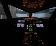 Cockpit eines Flugsimulators bei Nacht