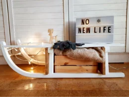 Weißer Holzschlitten mit Dekoration