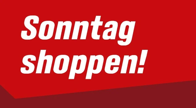 Roter Banner mit der weißen Aufschrift: Sonntag shoppen!