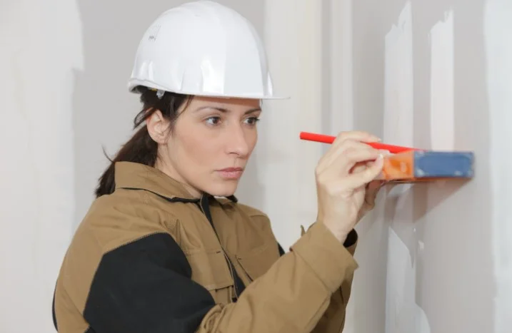 Person mit Wasserwaage an Wand