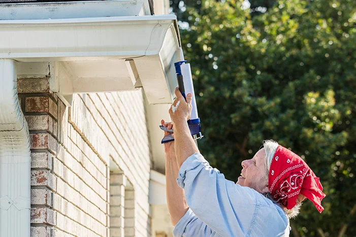 Person verwendet Dichtmittel an Dachrinne