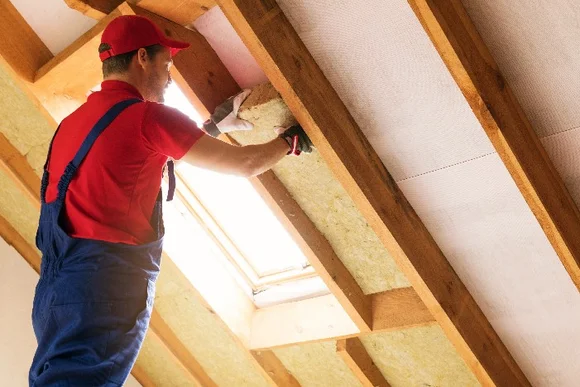 Person bringt Dämmwolle an Dach an