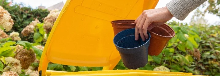 Eine Person wirft leere Blumentöpfe in eine gelbe Tonne.
