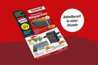 Werbung für Gartenartikel, inklusive Hochbeet, Geranien und Gasgrill