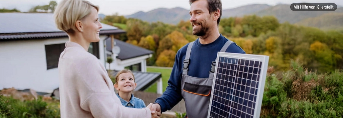 Zwei Personen geben sich neben einem Photovoltaik-Element die Hand