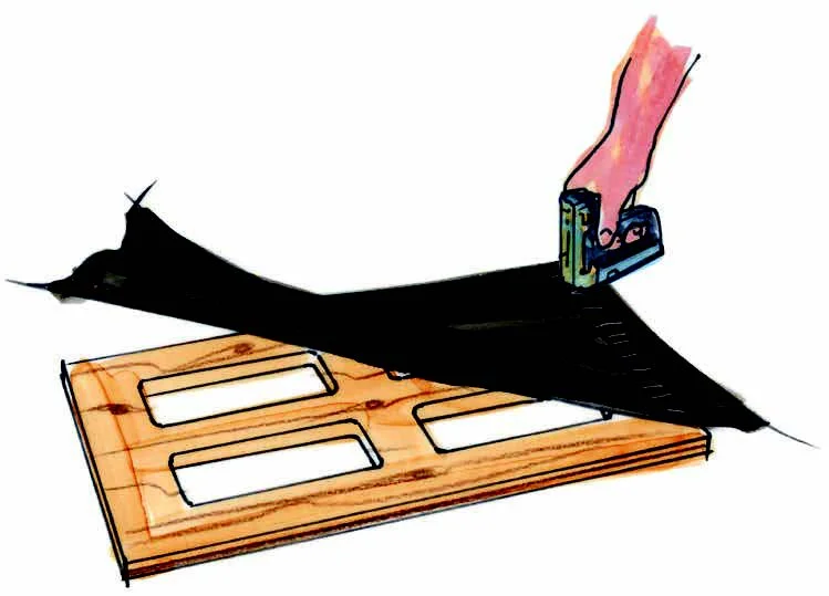 Hand tackert Stoff auf Holzrahmen