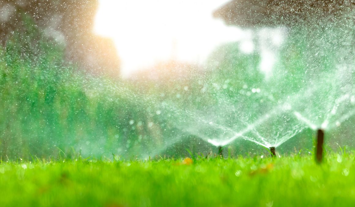 Mehrere Wassersprenger auf einem Rasen