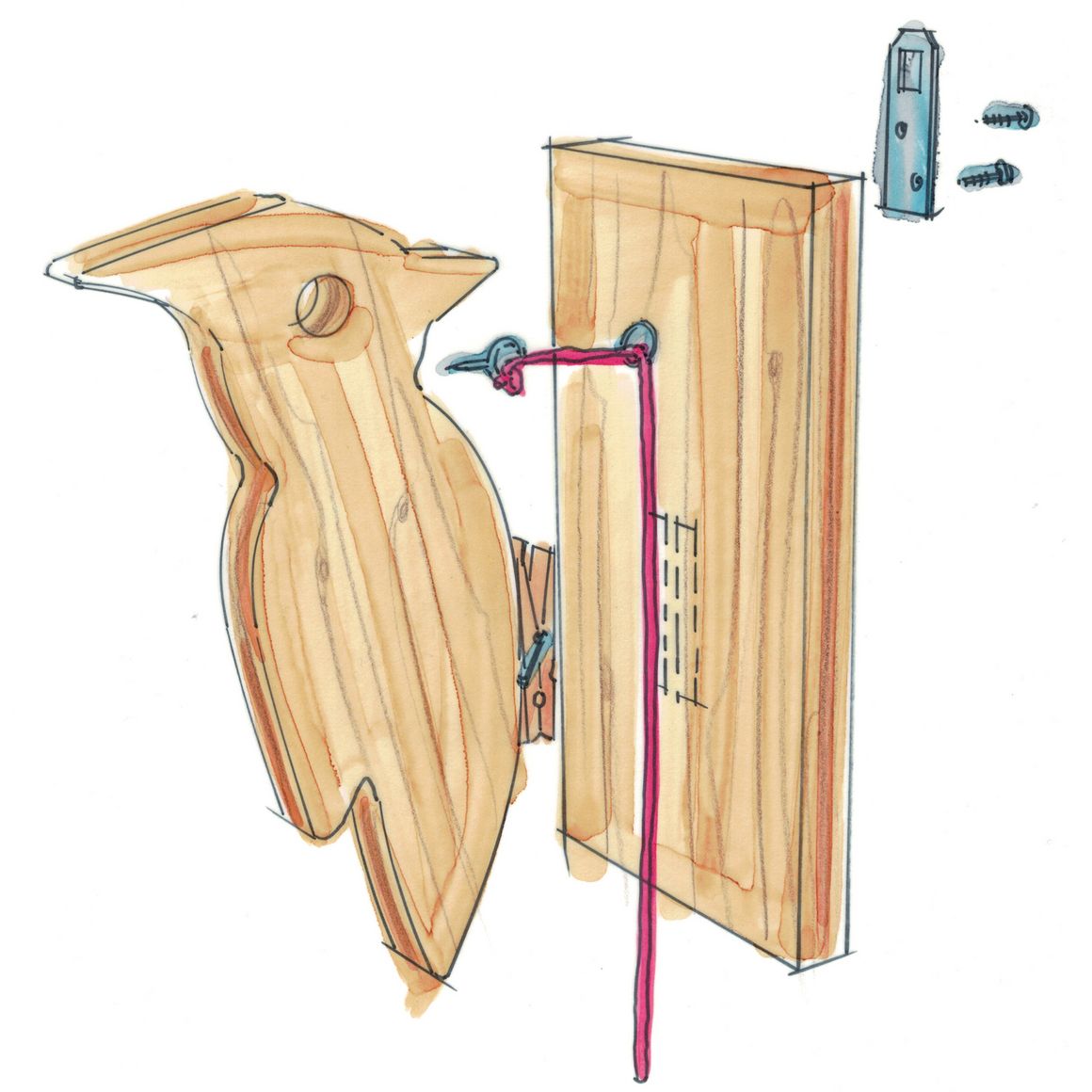 Illustrierte Bauanleitung für einen Specht-Türklopfer aus Holz.