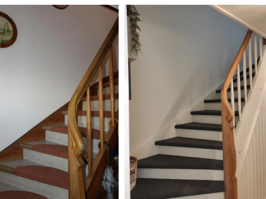 Zwei Ansichten einer Holztreppe mit Teppich.