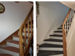 Zwei Ansichten einer Holztreppe mit Teppich.