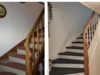Zwei Ansichten einer Holztreppe mit Teppich.