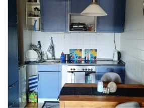 Kleine Küche mit blauen Schränken