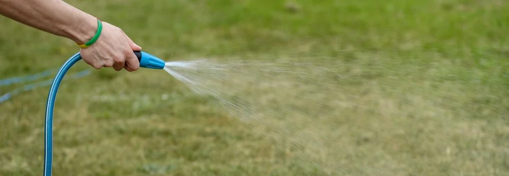 Eine Person wässert Rasen mit einem Gartenschlauch.