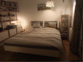Ein gemütliches Schlafzimmer mit einem Bett und Regalen.