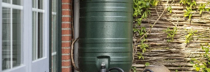 Grüne Regentonne mit Gießkanne