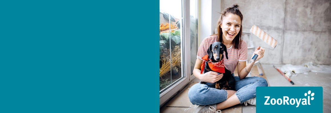 Lachende Person mit Hund und Farbroller beim Renovieren.